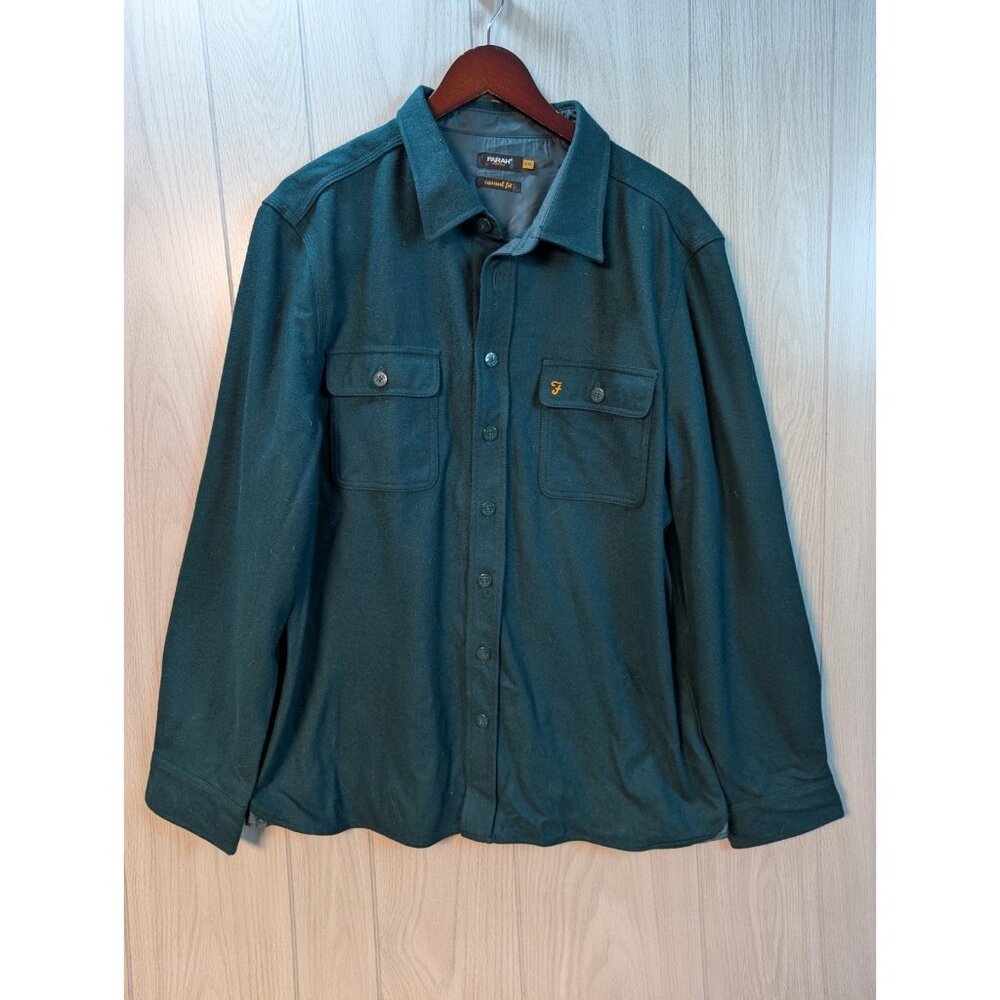 Men's Farah Vintage Cusual Fit Green Wool Blend Anchor Buttons Flannel Shirt XXL